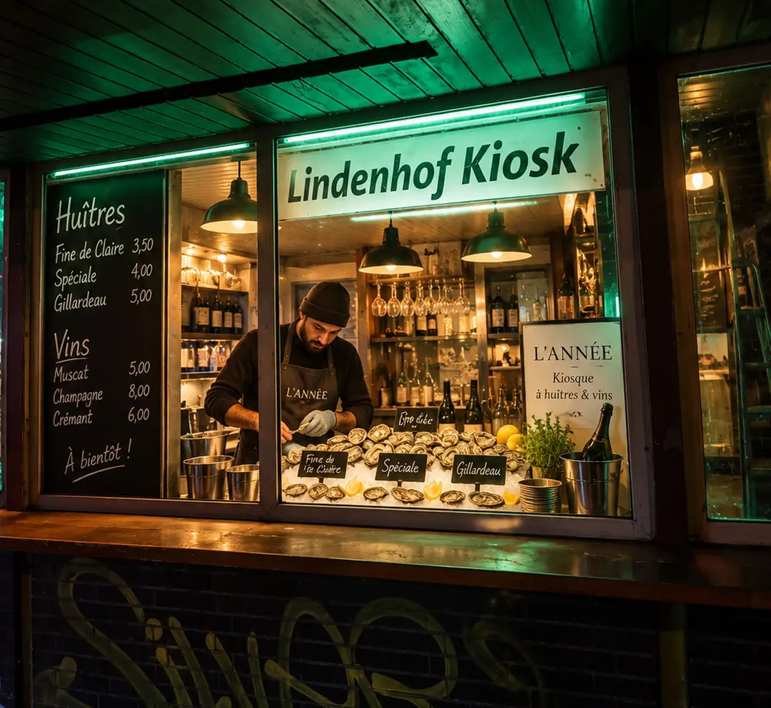 Visualisierung des Kiosque: ein Fenster mit Austern auf Eis, Kreidetafel und Weinflaschen